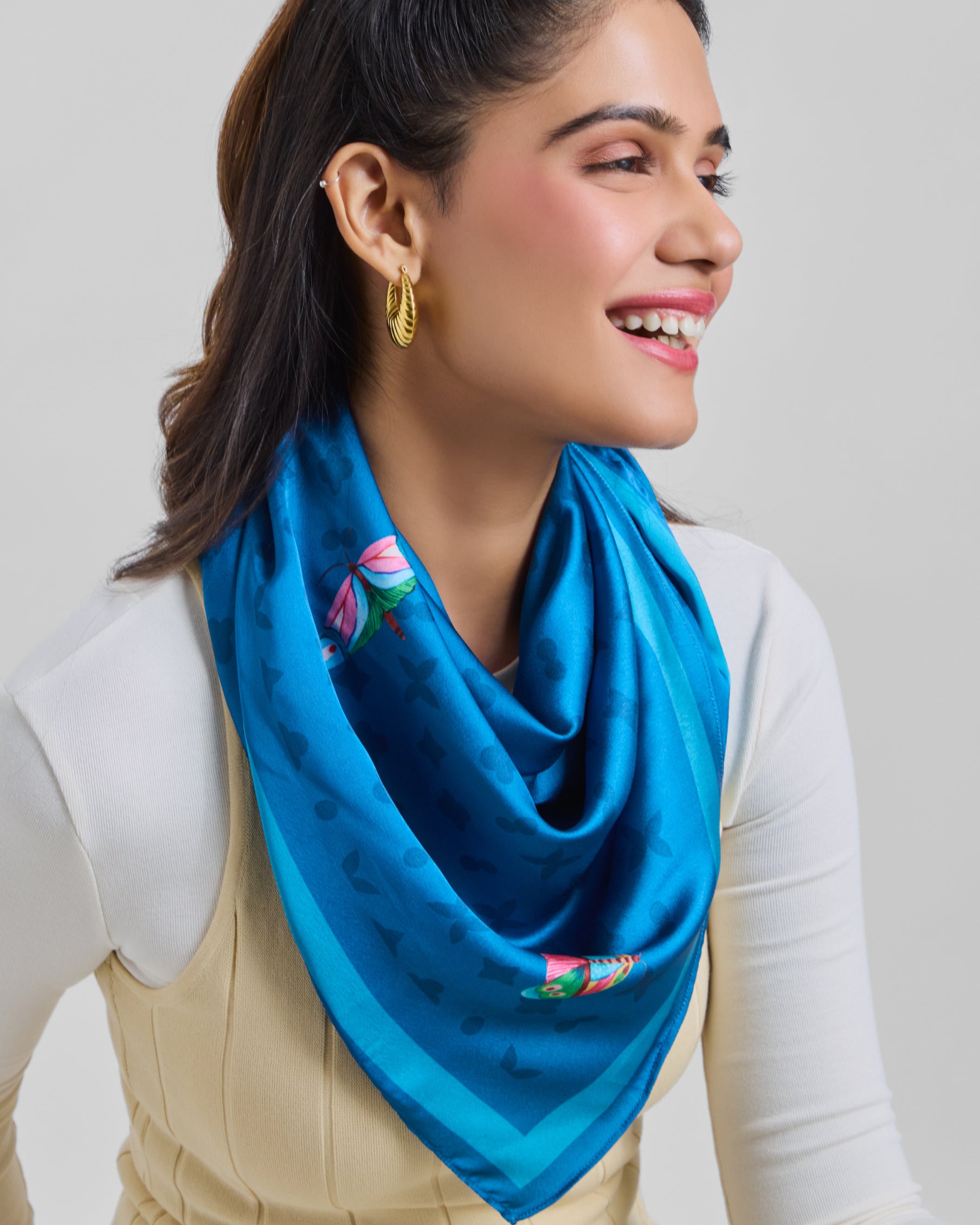 Muse Butterfly Motif Large Square Scarf Midnight Blue