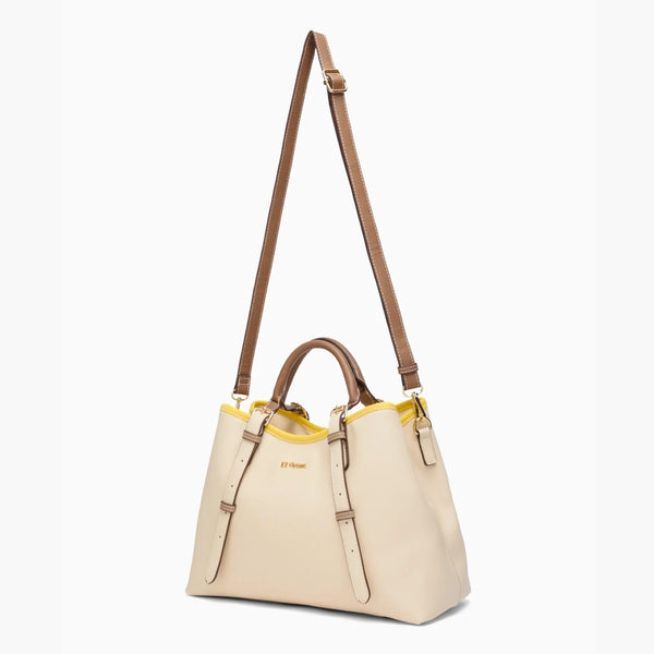 Dual top handles and an adjustable long strap offer multiple ways to carry.