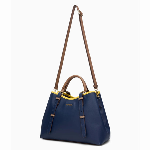 Dual top handles and an adjustable long strap offer multiple ways to carry.